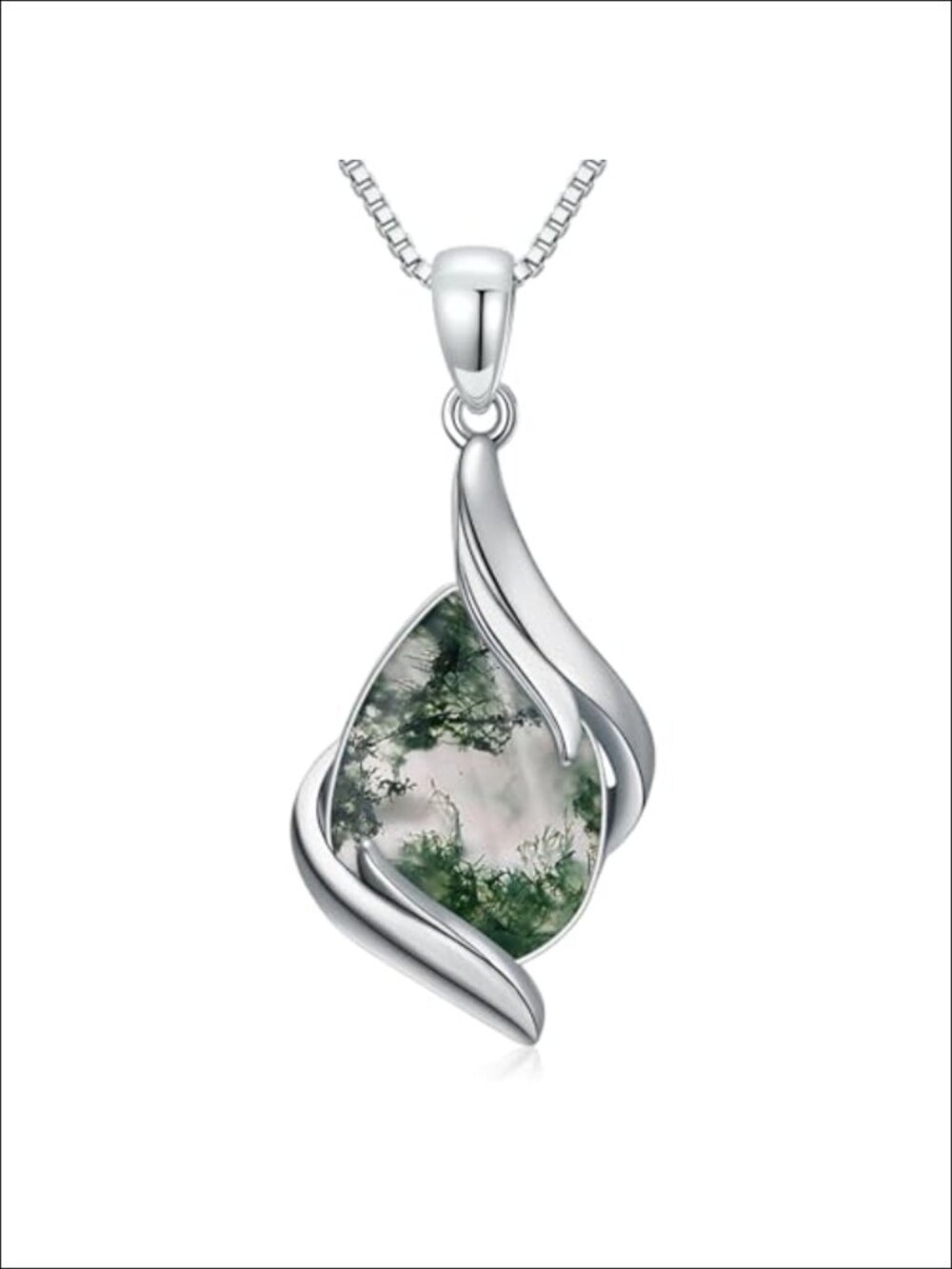 925 Sterling Silver Moss Agate Teardrop Pendant Necklace for Women Gift